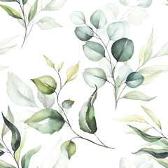 Seamless watercolor floral pattern - green leaves & branches on white background; for wrappers, wallpapers, postcards, greeting cards, wedding invitations, romantic events.