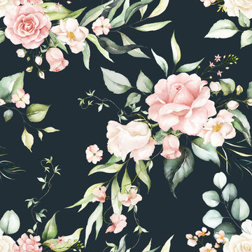 Seamless watercolor floral pattern - pink flowers, green leaves & branches on dark background; for wrappers, wallpapers, postcards, greeting cards, wedding invitations, romantic events.
