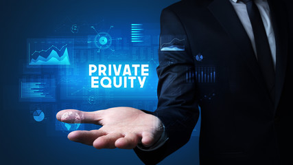 Hand of Businessman holding PRIVATE EQUITY inscription, business success concept