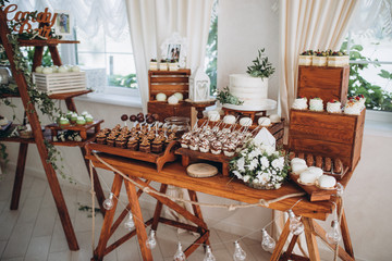 Sweet dessert table or candy bar. Wedding party. Natural light. Macaron and meringue pyramid. Cupcakes and marshmallow.