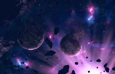 Surreal 3d illustration of asteroids hitting a planet