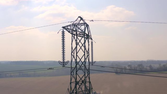 High Voltage Electrical Transmission Pylon Close Up Aerial View