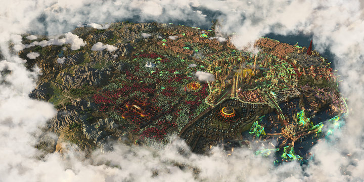 Artistic 3d rendering illustration of a drone shot of a green kingdom