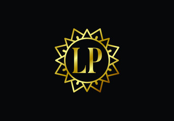 Golden LP Monogram Logo Inside Intricate Geometric Sunburst Design on Black Background for Brand Identity