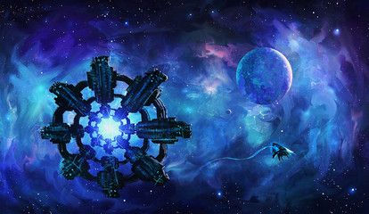 Artistic 3d illustration of an extraterrestrial aliens invasion spaceships floating in colorful nebula space