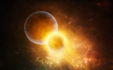 Artistic 3d rendering illustration of planet and moon colliding © MoVille
