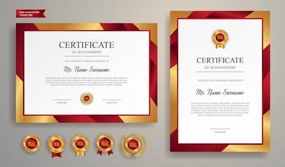 Red and gold certificate of achievement template with gold badge and border