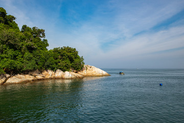 tourist enjoy the beauty of nature surrounding Pangkor Island located in Perak State, Malaysia during island hoping activity