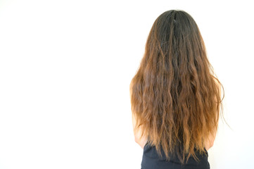 Back view of woman with her damaged split ended hair. Hair damage is risk for further damage and breakage. It may also look dull or frizzy and be difficult to manage. - obrazy, fototapety, plakaty