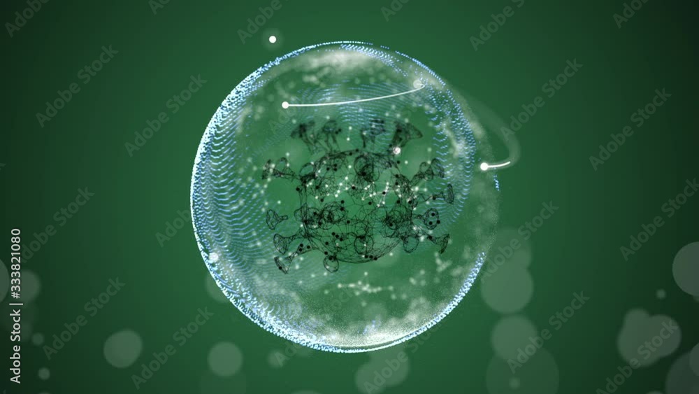 Poster dangerous virus floating and growing over green background with defocused glowing bokeh.