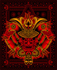 Demon mask with Samurai helmet on black background-vector