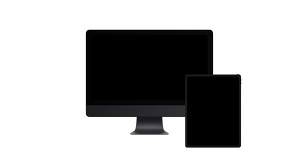 mockup expensive tablet, computer monitor background with blank black monitor on white background. 3d render. art for presentation app web. iMac pro, iPad pro. apple mockup