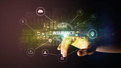 Hand touching INSURANCE inscription, Cybersecurity concept