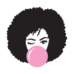 Black woman with afro hair blowing bubble gum vector illustration