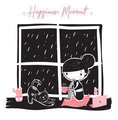 cute doodle a girl hoding a pink coffee cup sitting near window on raining night with lazy cat, work from home with cat