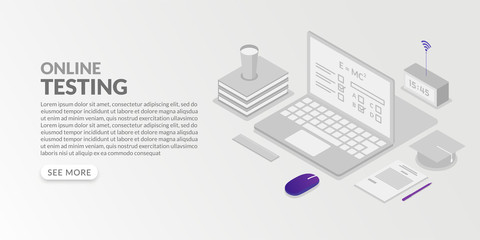 Online testing concept in isometric style, examination from home by internet learning course