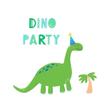 Cute dinosaur with lettering Dino party for kids, baby t-shirt, greeting card design. Funny little dino of hand drawn style. Vector illustration of dinosaur isolated on background.
