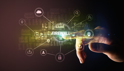 Hand touching FIREWALL inscription, Cybersecurity concept