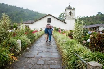 Fototapeta na wymiar Costa Rica Church. Garden. Path. Old Church