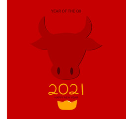 Happy New Year. Chinese New Year 2021. Year of the OX in paper cut style with  gold money on red background for print, symbol, website, celebration, logo
