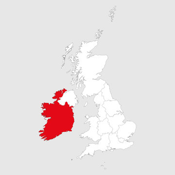 Ireland map highlighted red on united kingdom political map. Light gray background. Perfect for Business concepts, backgrounds, backdrop, chart, label, sticker, banner and wallpapers.