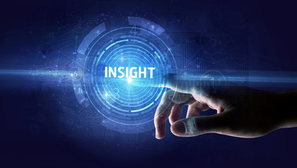 Hand touching INSIGHT button, modern business technology concept