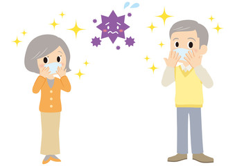 咳をティッシュで抑える祖父母