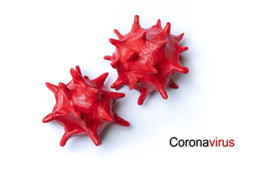 ​Coronavirus model made by hand from red plasticine on white background, COVID-19 infection disease