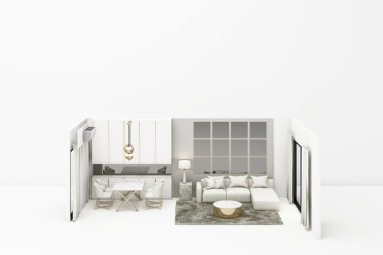 Interior living modern classic style mock up with white furniture on white background 3D rendering