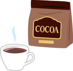 ココアパウダーの袋とティーカップに入ったココア