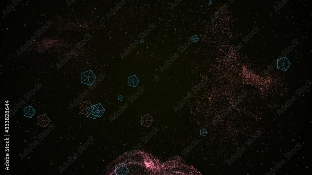 Poster abstract 3d visualization of a geometric low-poly shapes floating over black background with golden 
