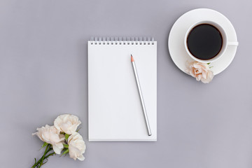 Blank paper and white coffee cup, pencil, flower on blue background