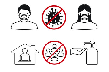 Icon images wearing a mask, Washing your hands, Work from home and avoiding assembly. Coronavirus or Covid 19 protection concept.