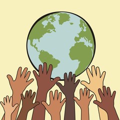 World map and people hands