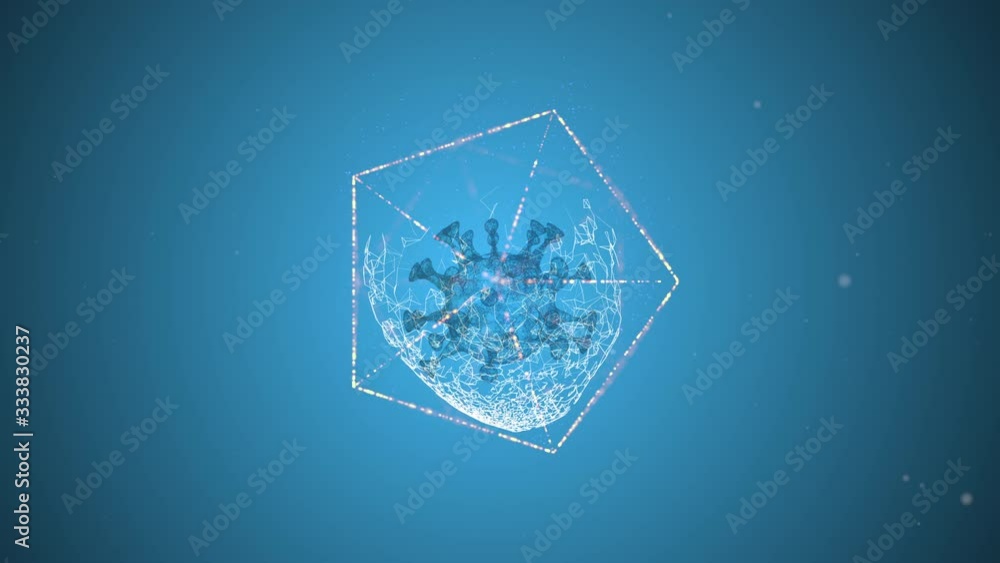 Poster how to protect yourself from virus. illuminating virus cell locked inside a hexagon frame over blue 
