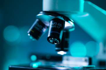 Close-up of scientific microscope. Laboratory in hospital. Epidemic disease, healthcare, vaccine...