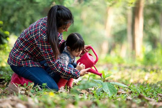 Asian Family Mom And Kid Daughter Plant Sapling Tree Outdoors In Nature Spring For Reduce Global Warming Growth Feature And Take Care Nature Earth. People Kid Girl In Forest Background