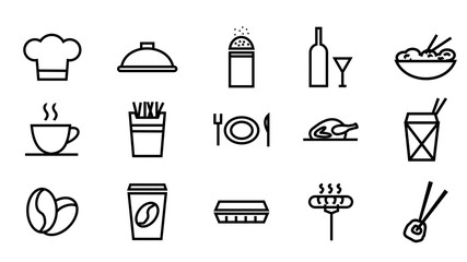 bowl, cafe, chef, chicken, chopsticks, coffee, cook, cooking, dinner, drink, food, fork, glass, hat, icon, illustration, kitchen, knife, line, lunch, meat, menu, pepper, plate, restaurant, set, sign, 