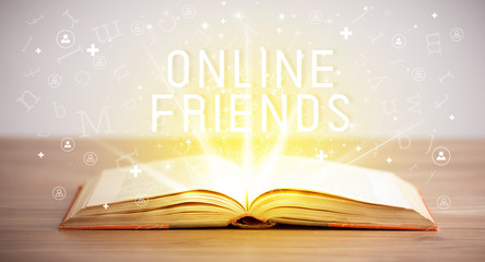 Open book with ONLINE FRIENDS inscription, social media concept