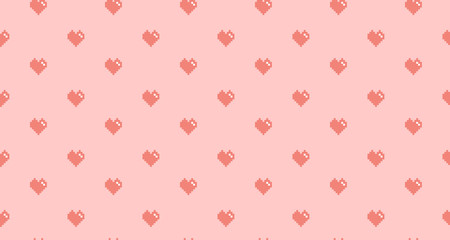 Pink pixel heart on pink background, seamless pattern. Stock illustration for web, print, background and wallpaper, textile, scrapbooking and wrapping paper. 