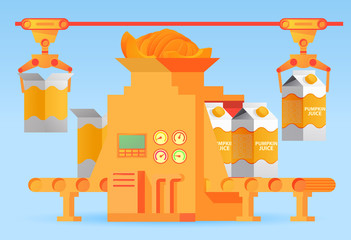 Factory packing conveyor  pumpkin juice of a box .Sweet sparkling water.Flat illustration vector.Concept of design industrial automated food factory machine.