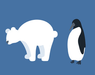 Set of flat Antarctic animals silhouettes. Polar bear and penguin isolated from the background. Vector outlines for articles, cards, icons and your design.