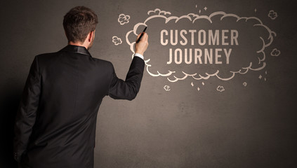 businessman drawing a cloud with CUSTOMER JOURNEY inscription inside, modern business concept