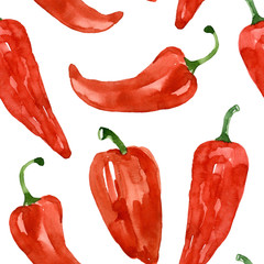 Watercolor pattern of spicy paprika. Hand-drawn illustration isolated on white background. Colorful red seamless ornament.
