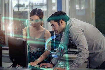 Team of Technology Engineers Working on Desktop Computers in Office. Screens Show HUD Software.