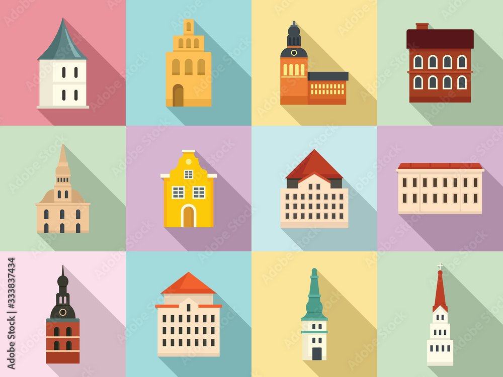 Poster riga icons set. flat set of riga vector icons for web design
