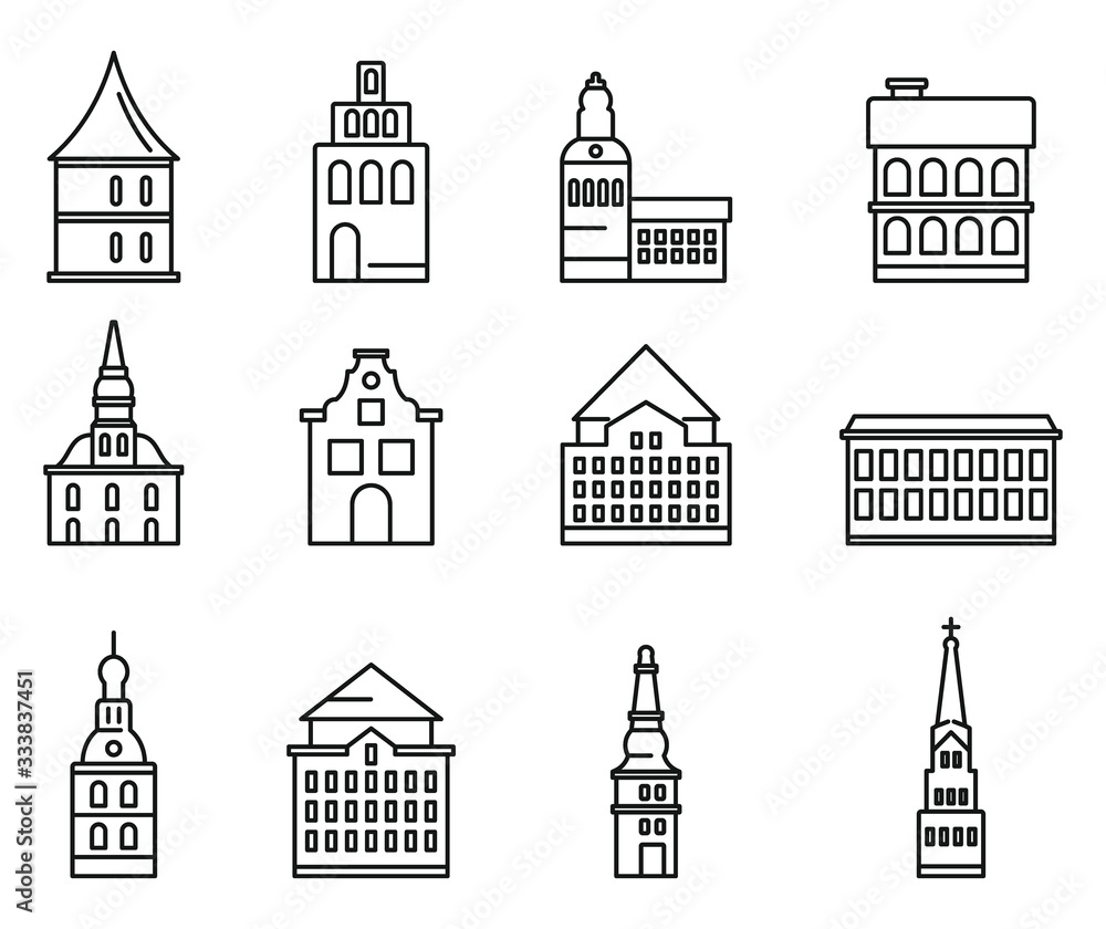 Poster riga latvia icons set. outline set of riga latvia vector icons for web design isolated on white back