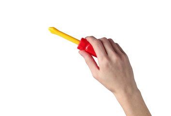 Hands holding a toy screwdrive isolated on white background.
