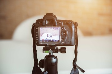 Professional camcorder in apartment of blogger. Coronavirus, remote work concept