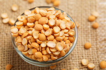 Dried chickpea lentils in Glass bowl on white background , Split Chickpea Also Know as Chana Dal